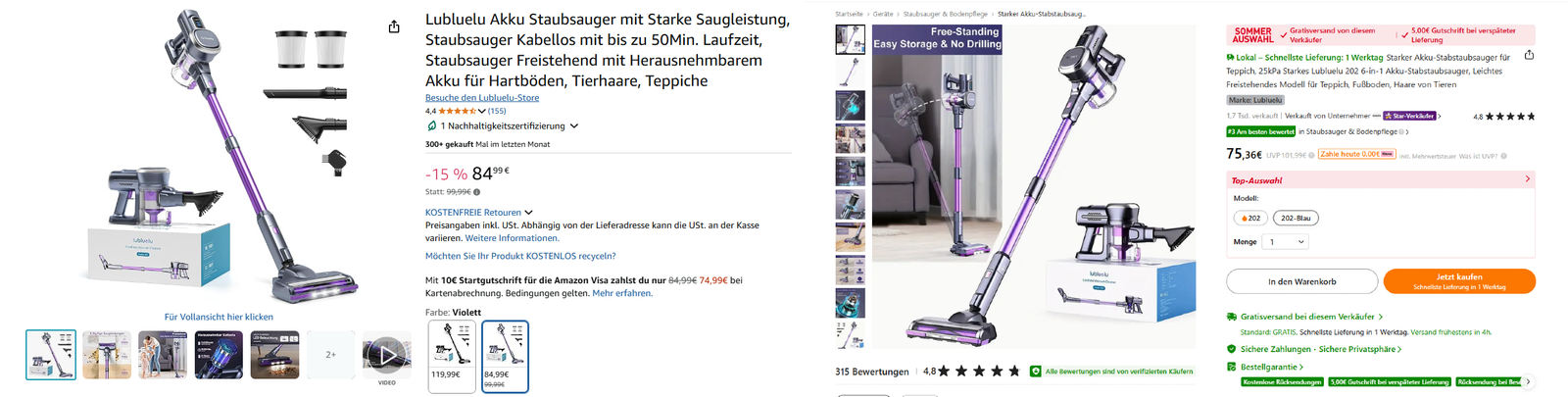 Temu vs Amazon: Lubelulu Staubsauger im Preisvergleich đ¸
