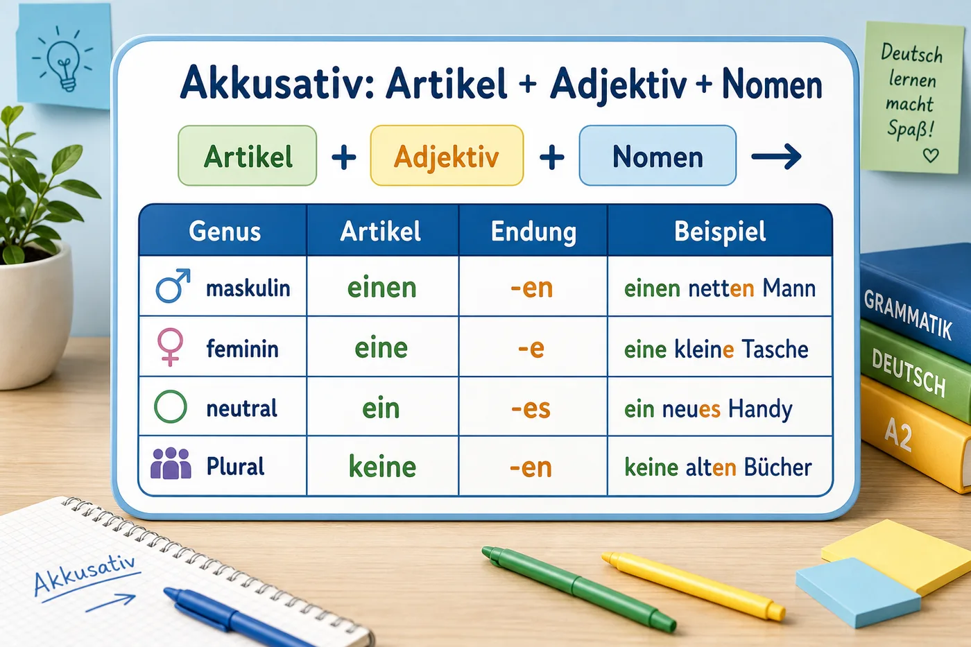 Tabelle zu Adjektivendungen nach unbestimmten Artikeln im Akkusativ