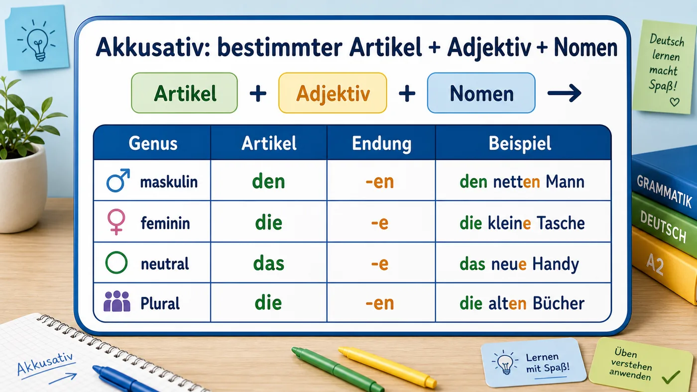 Tabelle zu Adjektivendungen nach bestimmten Artikeln im Akkusativ