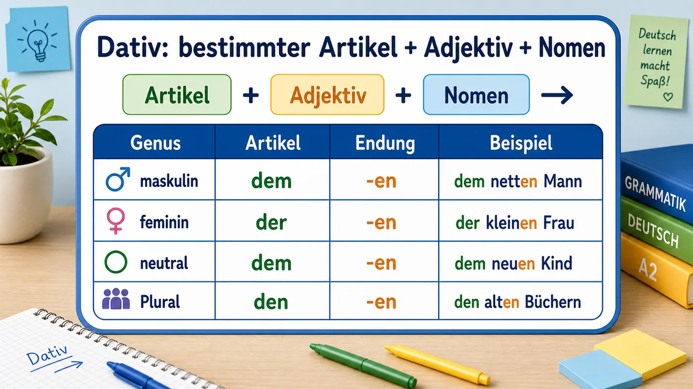 Tabelle zu Adjektivendungen nach bestimmten Artikeln im Dativ