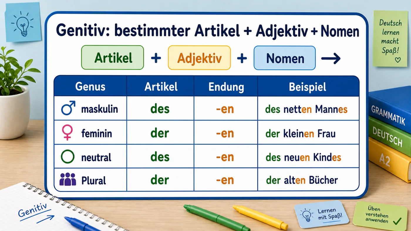 Tabelle zu Adjektivendungen nach bestimmten Artikeln im Genitiv
