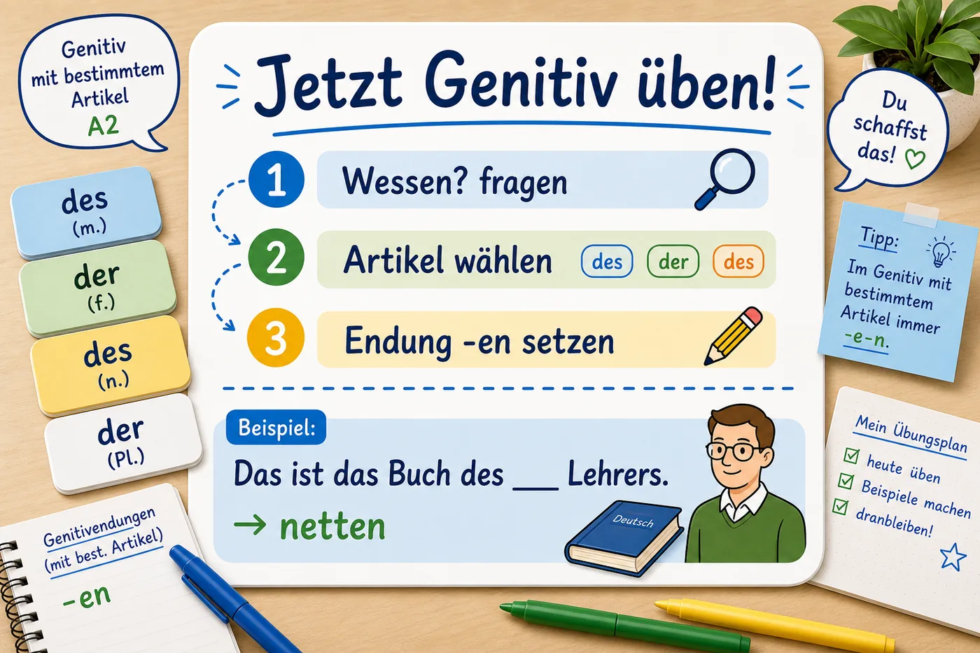 Übung zu Adjektivendungen nach dem bestimmten Artikel im Genitiv