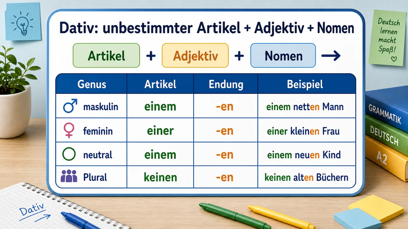 Tabelle zu Adjektivendungen nach unbestimmten Artikeln im Dativ