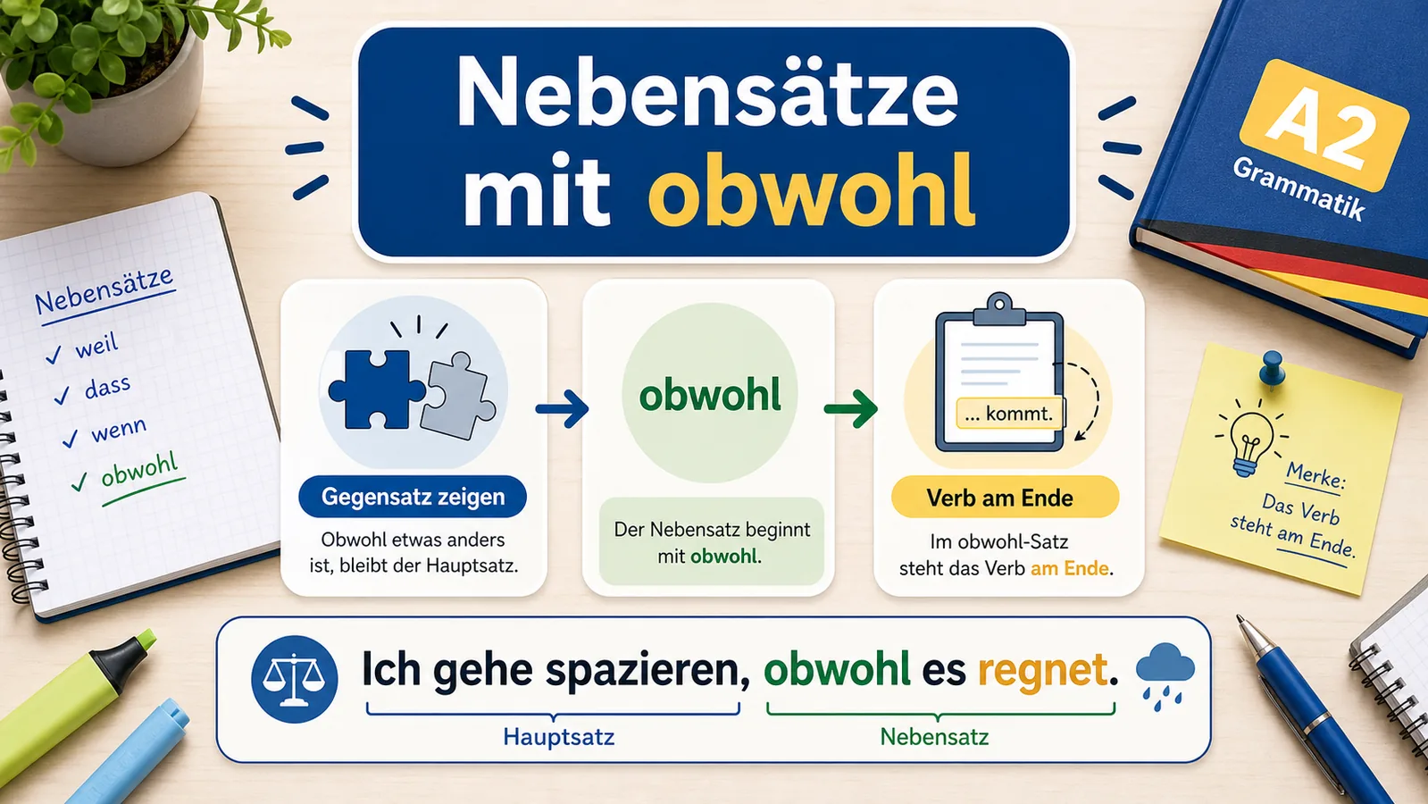 Infografik zu Nebensätzen mit obwohl und Verb am Ende