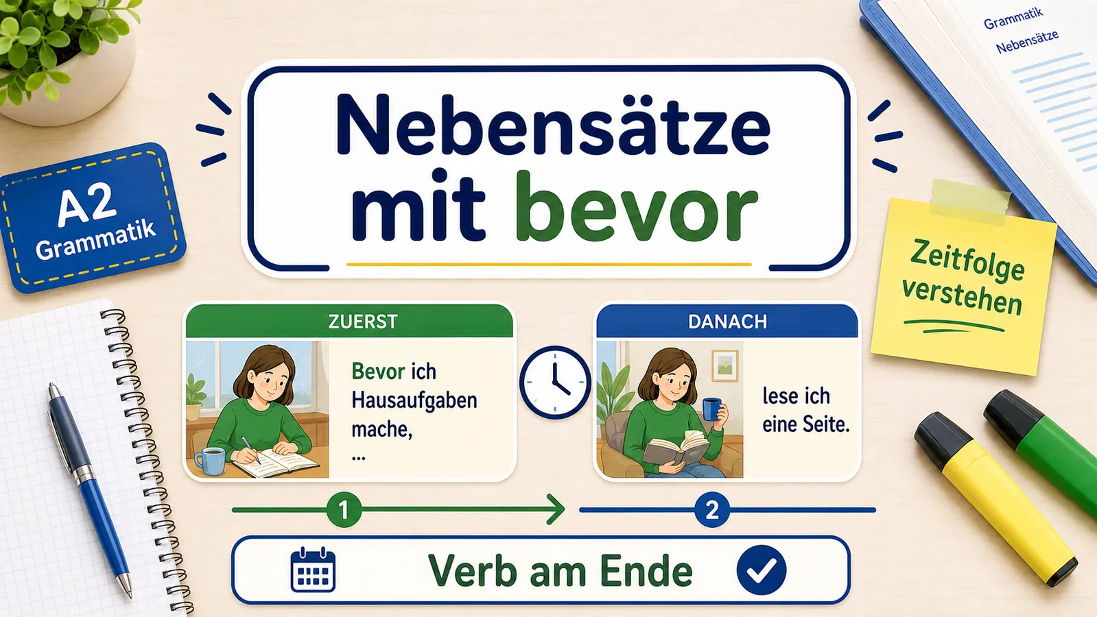 Infografik zu Nebensätzen mit bevor und Verb am Ende