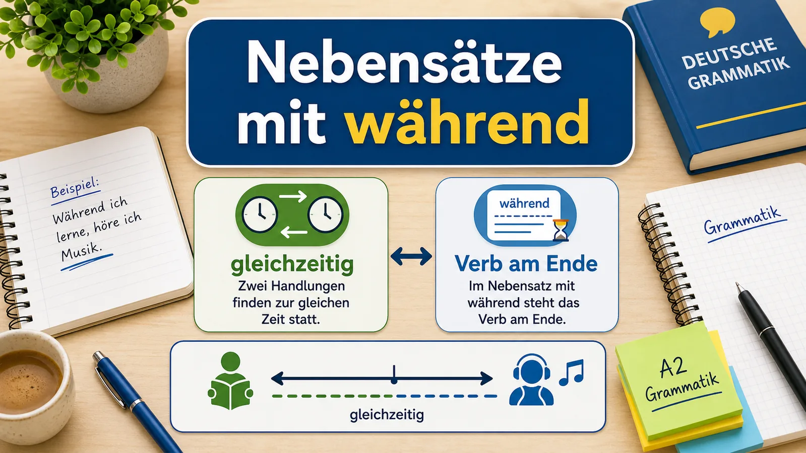 Infografik zu Nebensätzen mit während und Verb am Ende
