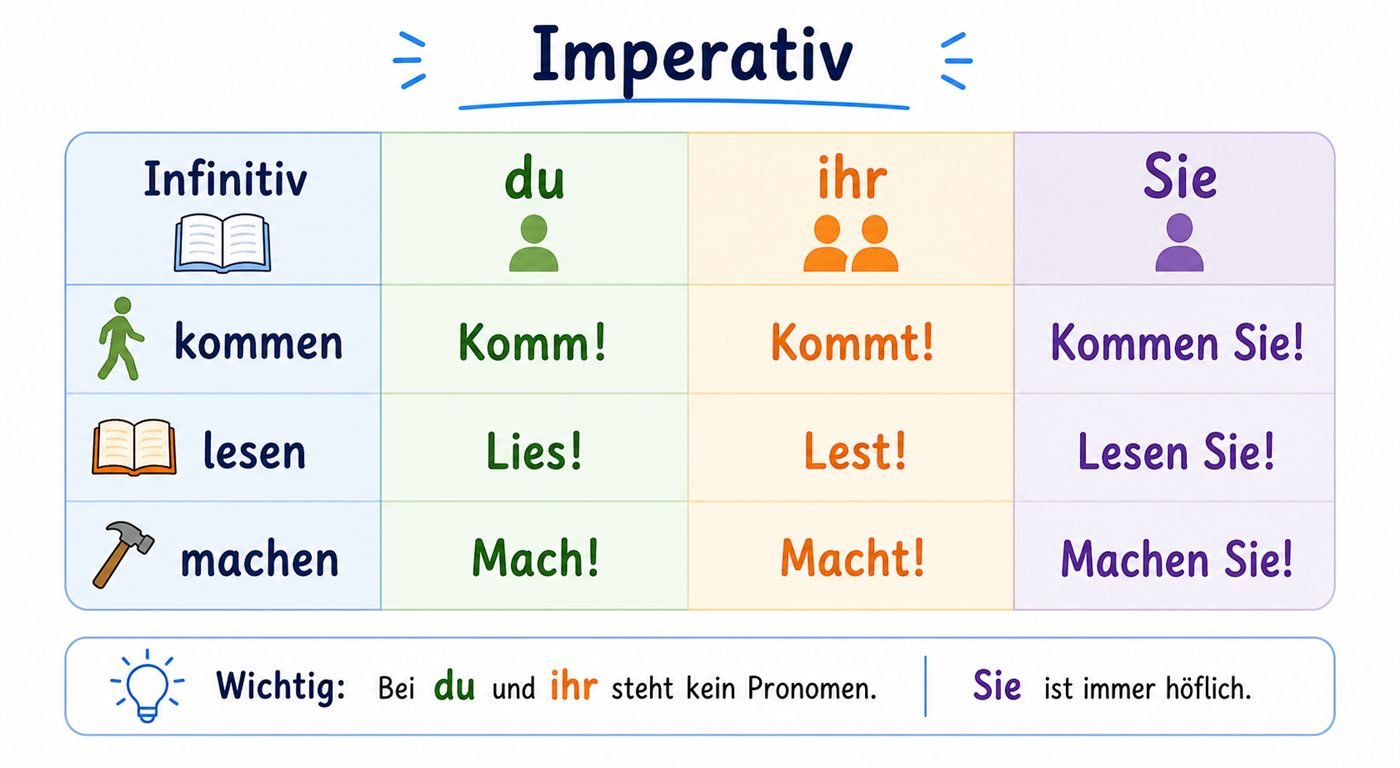 Tabelle mit Imperativformen für du ihr und Sie