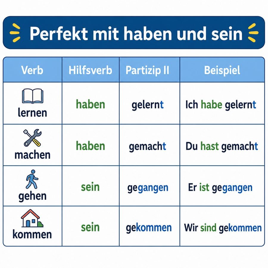Tabelle mit Perfekt Formen haben sein und Partizip II