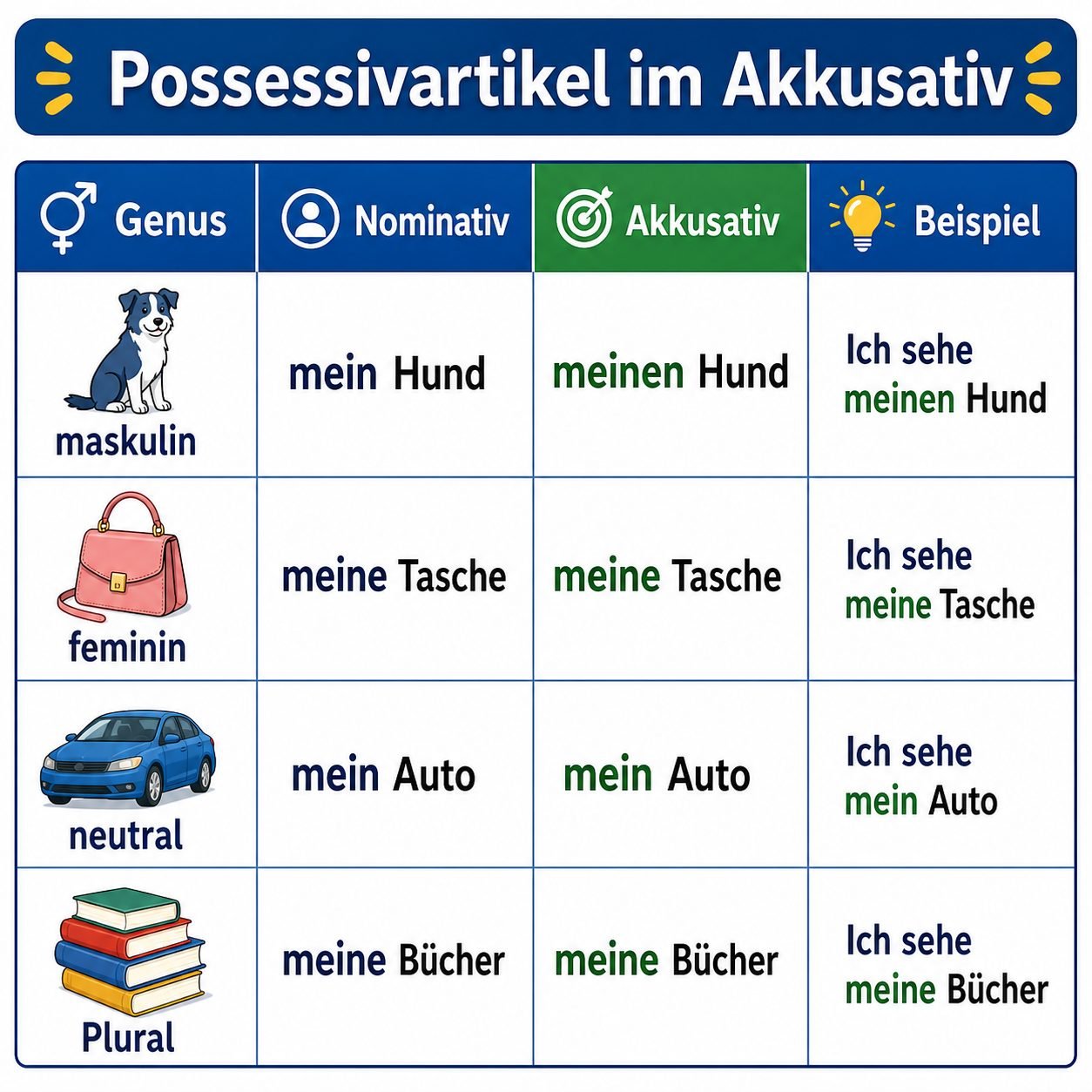 Tabelle Possessivartikel im Akkusativ