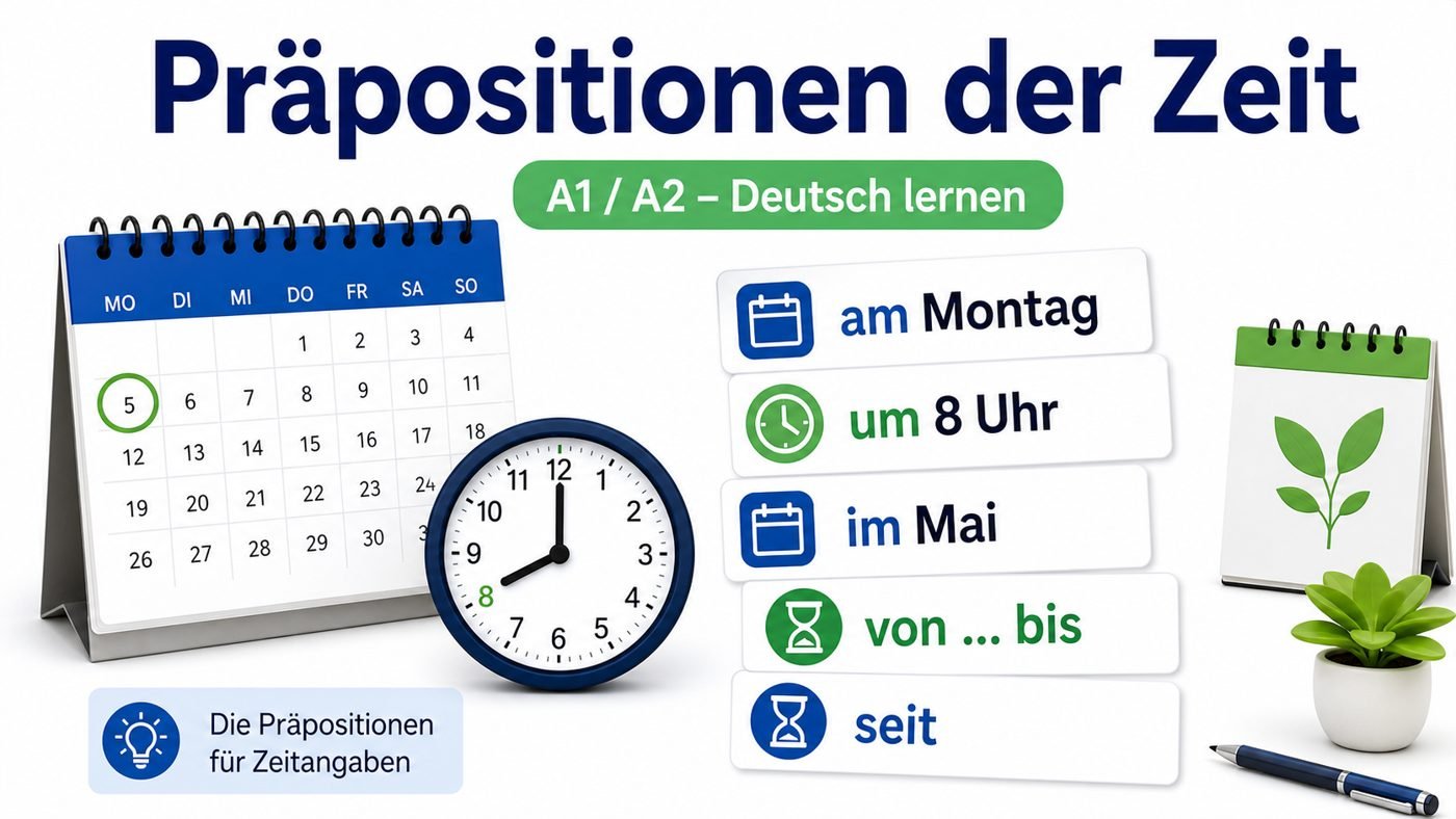 Präpositionen der Zeit mit Kalender und Uhr