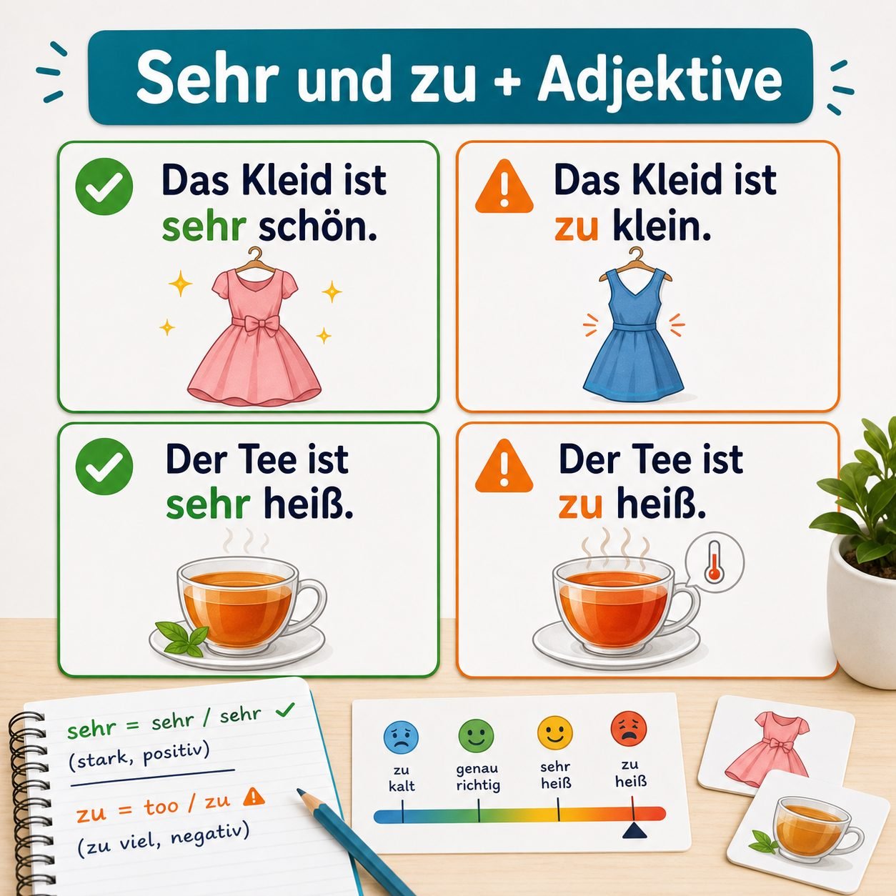 Beispiele mit sehr und zu vor Adjektiven