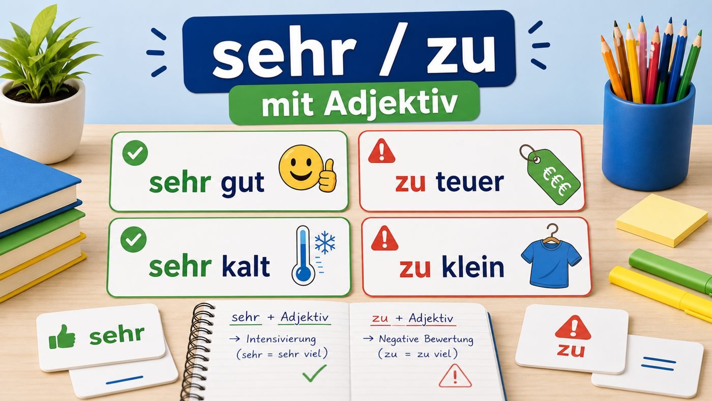 Sehr und zu mit Adjektiv auf Lernkarten