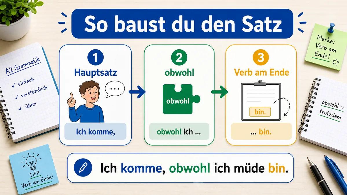 Schritt für Schritt Satzbau mit obwohl im Nebensatz