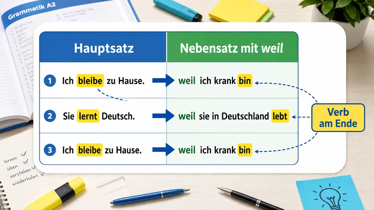 Tabelle mit Hauptsatz und Nebensatz mit weil