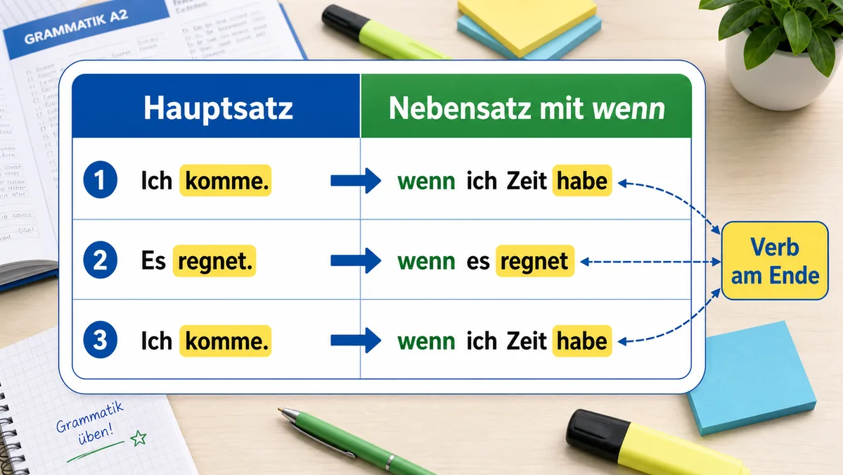 Tabelle mit Hauptsatz und Nebensatz mit wenn