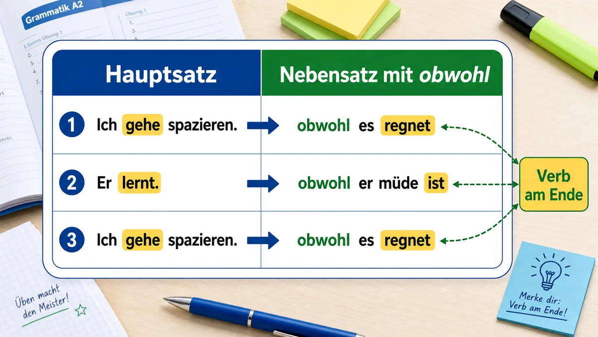 Tabelle mit Hauptsatz und Nebensatz mit obwohl