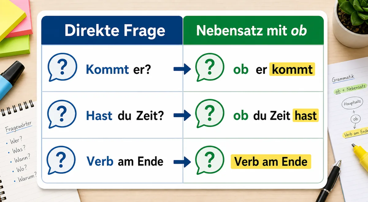 Tabelle zu direkten Fragen und Nebensätzen mit ob