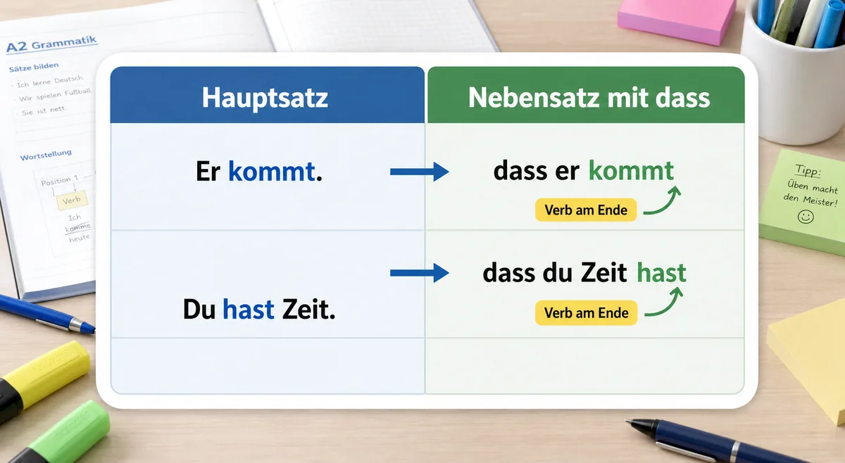 Tabelle mit Hauptsatz und Nebensatz mit dass