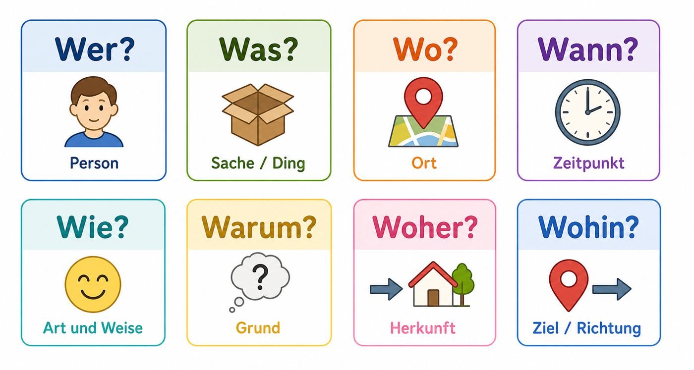 Infografik mit deutschen W-Fragewörtern