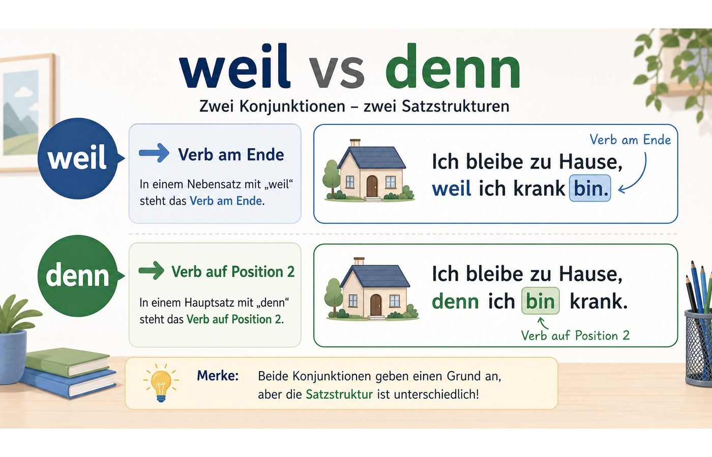 weil vs denn Verbposition Übersicht