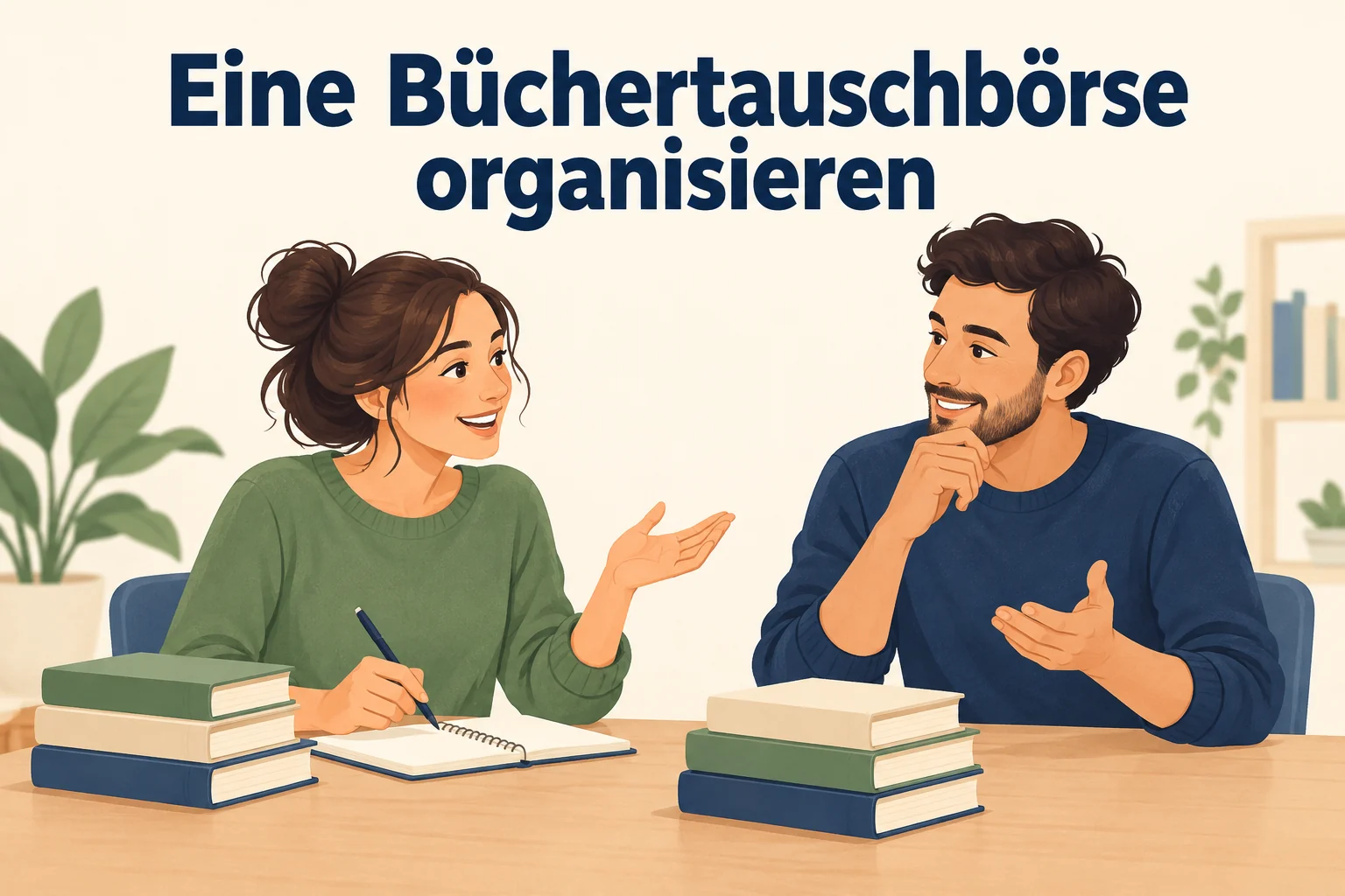 Eine Büchertauschbörse organisieren: Lena und Felix planen einen Büchertausch.