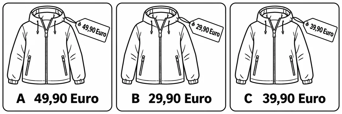 Aufgabe 1: Bildauswahl A, B und C – 49,90 Euro, 29,90 Euro, 39,90 Euro
