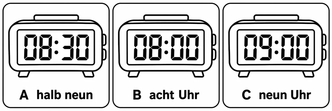 Aufgabe 2: Bildauswahl A, B und C – halb neun, acht Uhr, neun Uhr