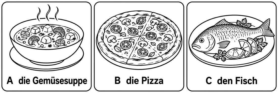 Aufgabe 3: Bildauswahl A, B und C – die Gemüsesuppe, die Pizza, den Fisch