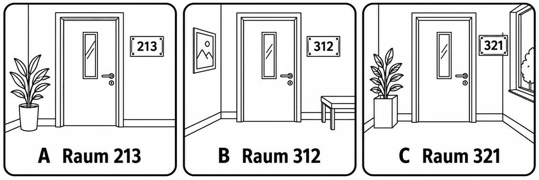 Aufgabe 4: Bildauswahl A, B und C – Raum 213, Raum 312, Raum 321
