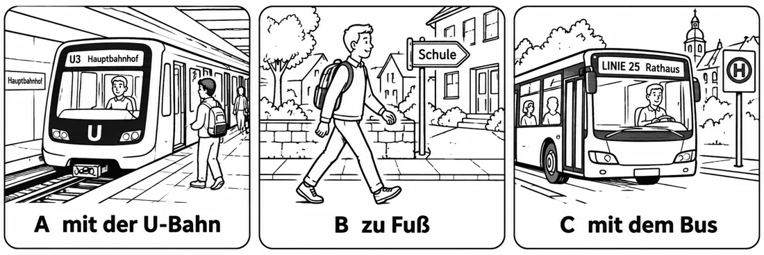 Aufgabe 5: Bildauswahl A, B und C – mit der U-Bahn, zu Fuß, mit dem Bus