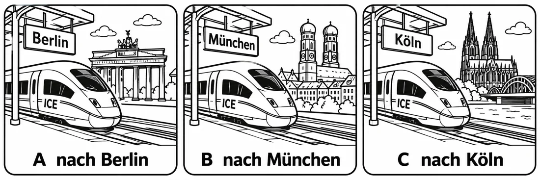 Aufgabe 6: Bildauswahl A, B und C – nach Berlin, nach München, nach Köln