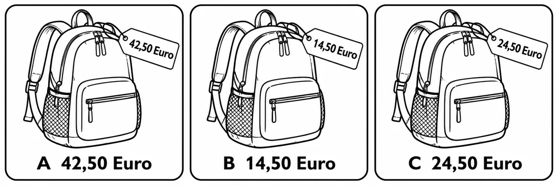 Aufgabe 1: Bildauswahl A, B und C – 42,50 Euro, 14,50 Euro, 24,50 Euro
