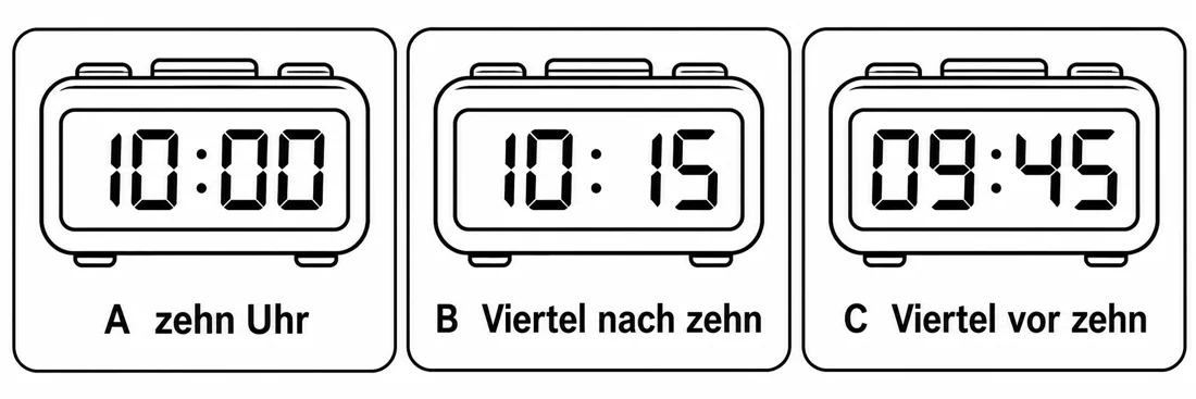 Aufgabe 2: Bildauswahl A, B und C – zehn Uhr, Viertel nach zehn, Viertel vor zehn