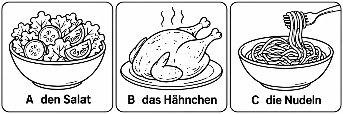 Aufgabe 3: Bildauswahl A, B und C – den Salat, das Hähnchen, die Nudeln