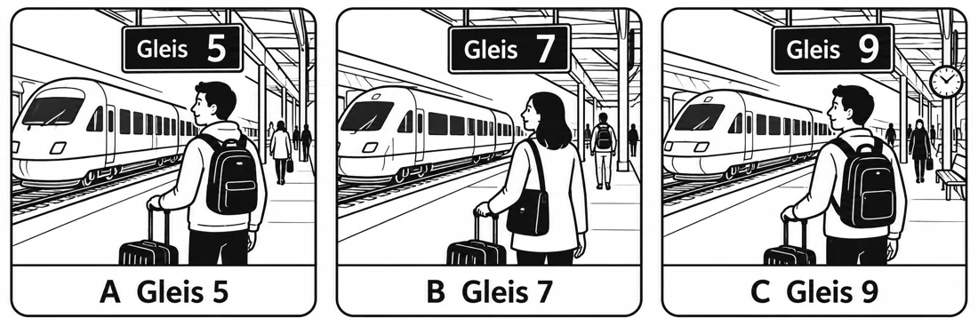 Aufgabe 4: Bildauswahl A, B und C – Gleis 5, Gleis 7, Gleis 9
