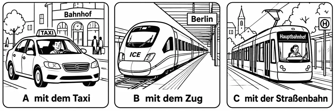 Aufgabe 5: Bildauswahl A, B und C – mit dem Taxi, mit dem Zug, mit der Straßenbahn