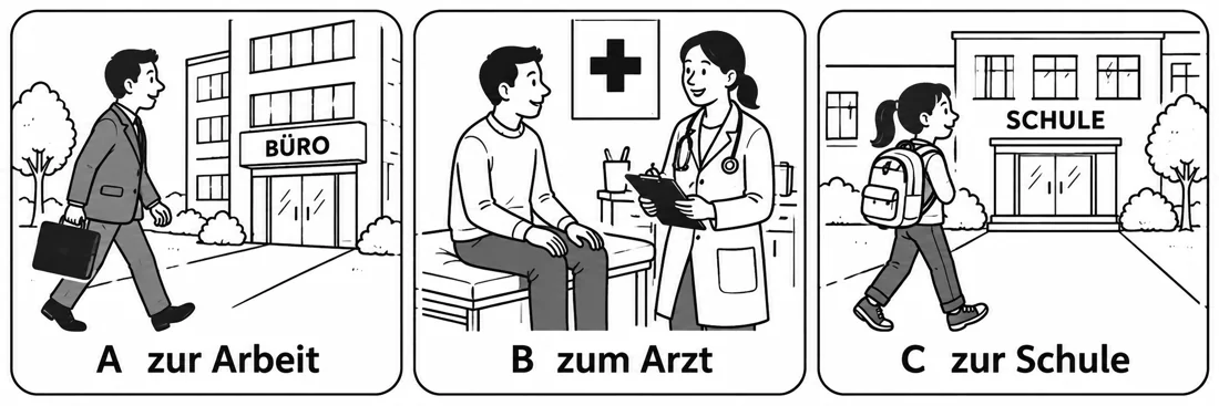 Aufgabe 6: Bildauswahl A, B und C – zur Arbeit, zum Arzt, zur Schule
