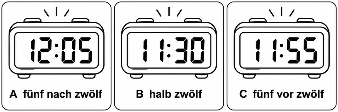 Aufgabe 2: Bildauswahl A, B und C – fünf nach zwölf, halb zwölf, fünf vor zwölf