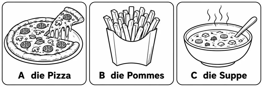 Aufgabe 3: Bildauswahl A, B und C – die Pizza, die Pommes, die Suppe