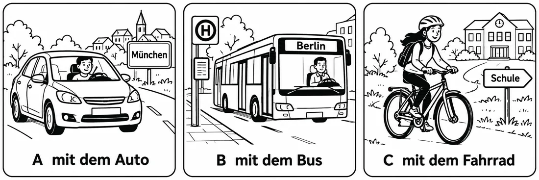 Aufgabe 5: Bildauswahl A, B und C – mit dem Auto, mit dem Bus, mit dem Fahrrad