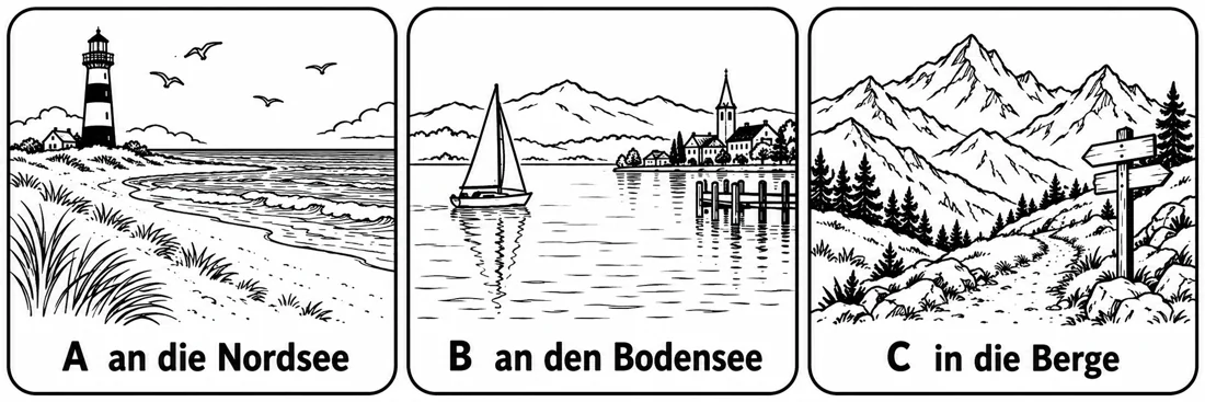Aufgabe 6: Bildauswahl A, B und C – an die Nordsee, an den Bodensee, in die Berge