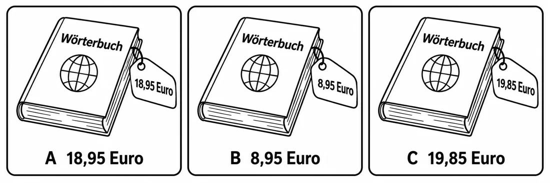 Aufgabe 1: Bildauswahl A, B und C – 18,95 Euro, 8,95 Euro, 19,85 Euro