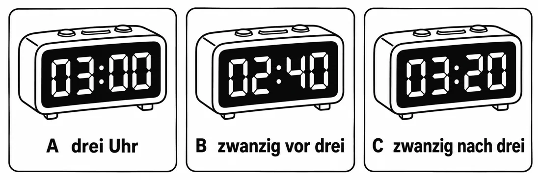Aufgabe 2: Bildauswahl A, B und C – drei Uhr, zwanzig vor drei, zwanzig nach drei