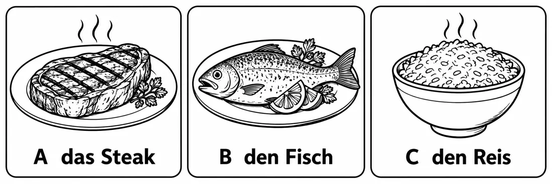 Aufgabe 3: Bildauswahl A, B und C – das Steak, den Fisch, den Reis