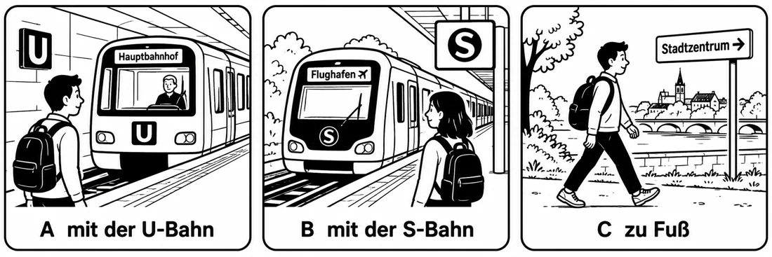 Aufgabe 5: Bildauswahl A, B und C – mit der U-Bahn, mit der S-Bahn, zu Fuß