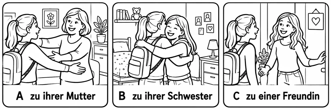 Aufgabe 6: Bildauswahl A, B und C – zu ihrer Mutter, zu ihrer Schwester, zu einer Freundin