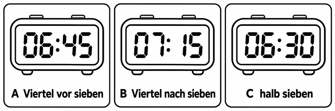 Aufgabe 2: Bildauswahl A, B und C – Viertel vor sieben, Viertel nach sieben, halb sieben