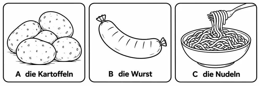 Aufgabe 3: Bildauswahl A, B und C – die Kartoffeln, die Wurst, die Nudeln