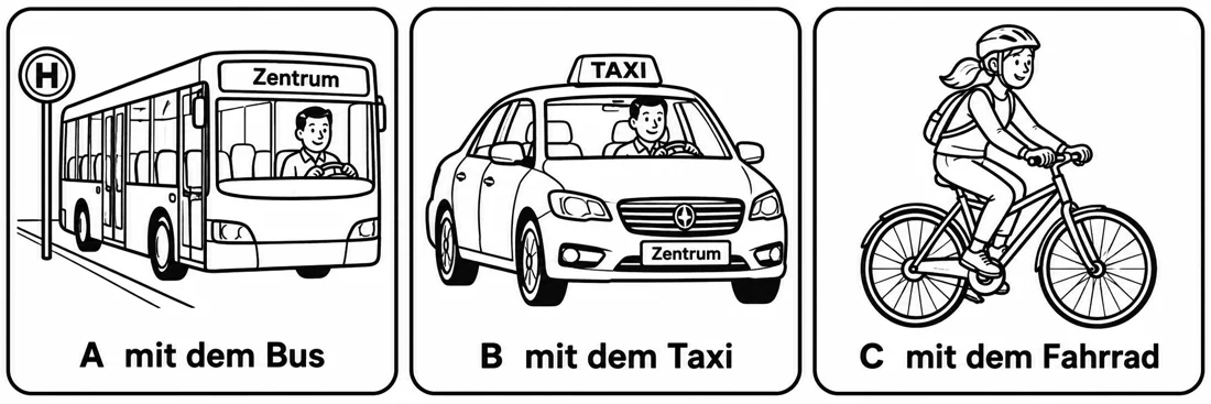 Aufgabe 5: Bildauswahl A, B und C – mit dem Bus, mit dem Taxi, mit dem Fahrrad