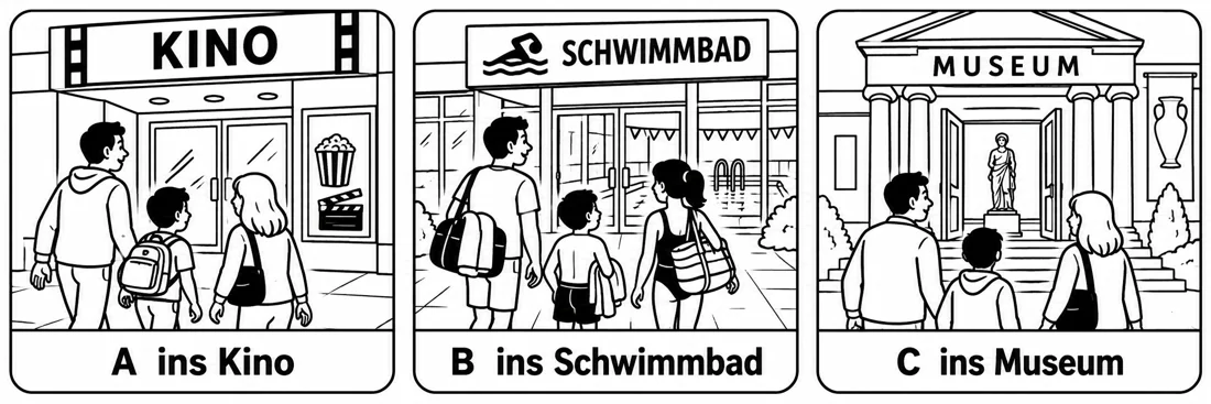 Aufgabe 6: Bildauswahl A, B und C – ins Kino, ins Schwimmbad, ins Museum